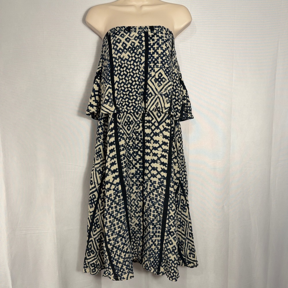 Bel Kazan Strapless Dress Blue Temple Geometric Print NWT Women Small